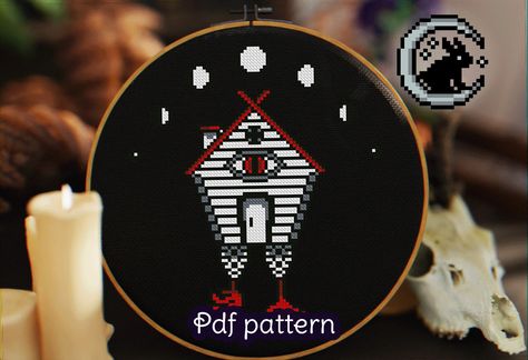 Baba Yaga witch mythology moon phases cross stitch Witch Mythology, Baba Yaga House, Whimsical House, Baba Yaga, Cross Stitching, Size Pattern, Pattern Download, Moon Phases, Cross Stitch Pattern