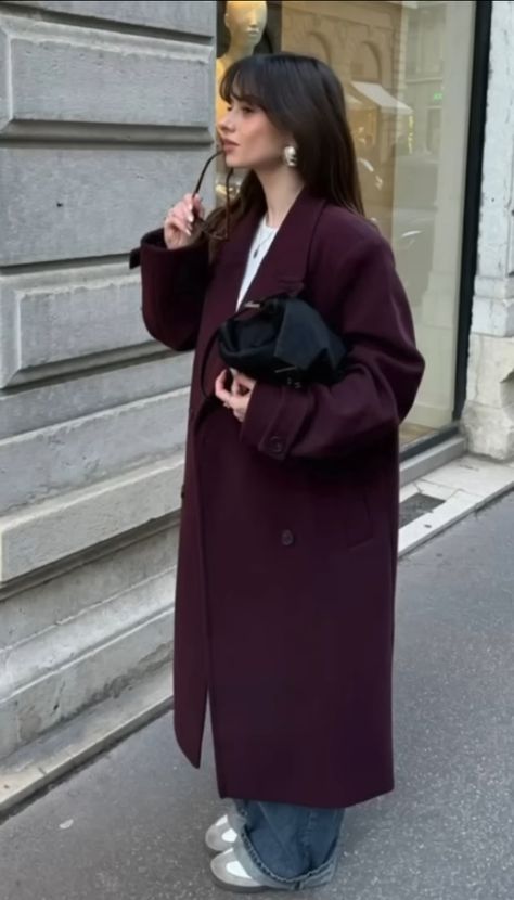 Plum Coat Outfit, Eggplant Color Outfits, Plum Color Outfits, Eggplant Outfit, Aubergine Outfit, Purple Coat Outfit, Color Outfits, Purple Coat, Eggplant Color