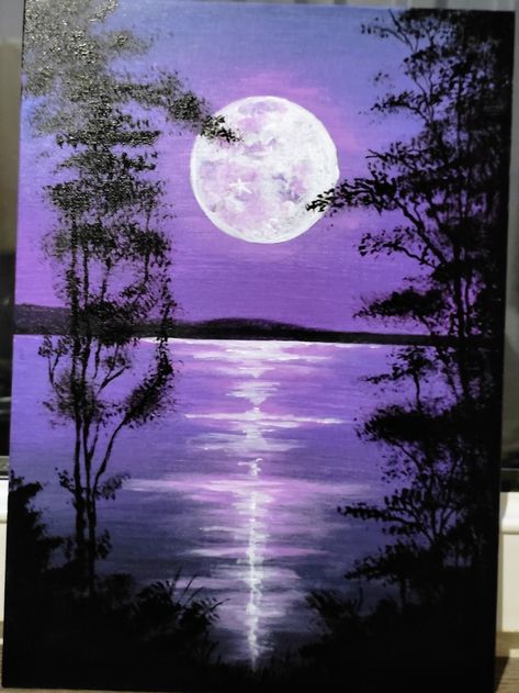 Acrylic Paint Mediums, Simple Paintings, Acrylic Painting Diy, Moonlight Painting, Diy Rock Art, Simple Canvas Paintings, Canvas Painting Tutorials, Moon Painting, Nice Art