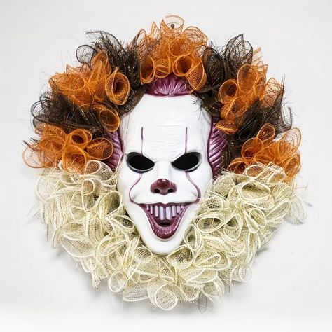 1pc Halloween Decoration Horror Clown Garland Door Decoration Wall Hanging Horror Atmosphere Haunted House Ornaments Scene Arrangement Props - Home & Kitchen - Temu Clown Wreath, Scary Clown Face, Scary Clown Mask, Holiday Party Accessories, Dollar Store Halloween, Halloween Clown, Swag Wreath, Halloween Wreaths, Scary Clowns