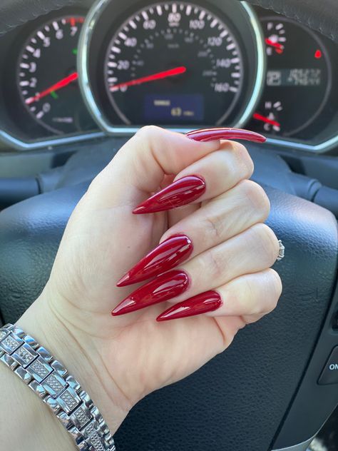 Red Claws Nails, Red Stiletto Valentines Nails, Red Acrylic Nails Pointy, Stilleto Red Nails Designs, Pointed Red Nails, Red Pointy Nails Stilettos, Red Tip Stiletto Nails, Deep Red Stiletto Nails, Red Pointy Nails Design