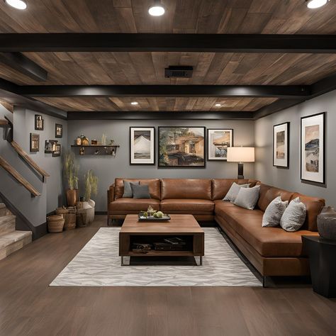 Downstairs fun! This basement living room is a great place to relax and entertain. The comfy couch and coffee table provide a perfect spot for conversation and game nights. How would you turn your basement into a fun and functional space? Share your ideas in the comments! Basement Redesign Ideas, Gaming Basement Man Cave, Basement Fun Ideas, Moody Small Basement Ideas, Basement Rustic Ideas, Bar Top Behind Couch, Basement Ideas For Entertaining, Basement Sectional Layout, Half Wall Basement Ideas