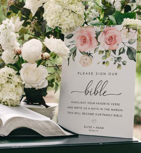 Printable Sign Our Bible Sign, Blue Floral Wedding Bible Guest Book Sign, Pink Roses Please Sign Our Guest Book Sign, Wedding Signage, Darcy Wedding Bible Guest Book, Bible Guest Book, Sign Our Guest Book Sign, Bubbles Wedding, Please Sign Our Guest Book, Guest Book Sign Wedding, Blush Pink Roses, Wedding Bible, Pink Printable