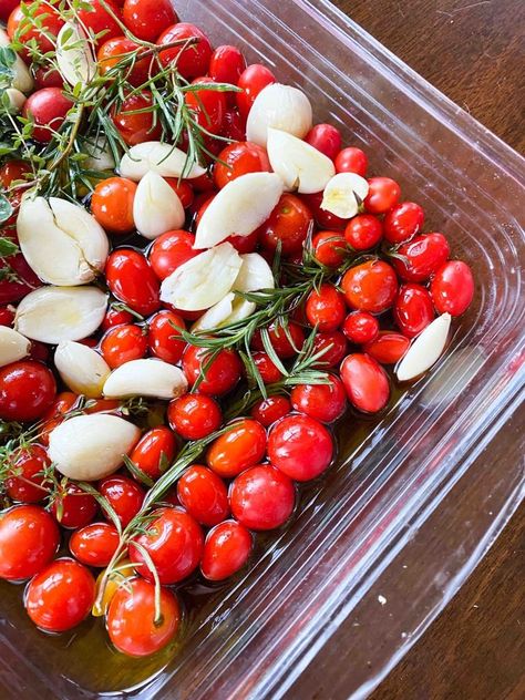 Tomato Confit - Roasted Tomatoes & Garlic - All My Good Things Roasted Garlic And Tomatoes, Freezer Tomato Sauce, Roasted Cherry Tomatoes Oven, Roasted Garlic Cherry Tomatoes, Roasted Cherry Tomatoes And Garlic, Tomato Confit, Confit Recipes, Varieties Of Tomatoes, Pasta Side Dishes