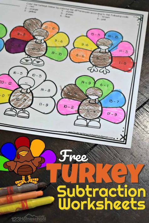 FREE FREE Turkey Subtraction Worksheets - fun, hands on educational activity to help kindergarten and first grade kids practice math while having fun with a turkey theme for Thanksgiving #thanksgiving #kindergarten #subtraction Thanksgiving Math Worksheets, Turkey Math, Thanksgiving Activities For Kindergarten, Children Ministry, Thanksgiving Games For Kids, Thanksgiving Worksheets, First Grade Math Worksheets, Excel Formulas, Free Games For Kids