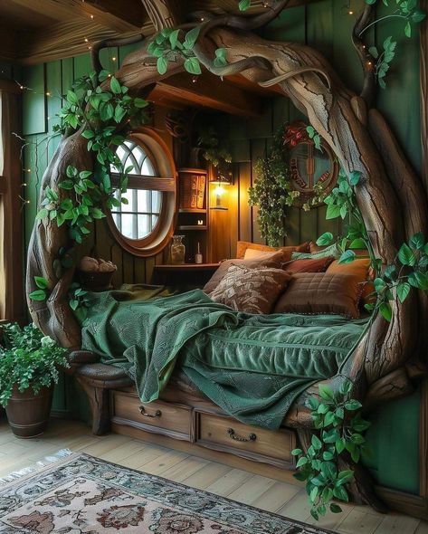 Folklore Room, Dream Beds, 1940s Hair, Hobbit Houses, Fairy Bedroom, Wall Tree, Dream Bedroom Inspiration, Oc Outfits, Boho Style Bedroom