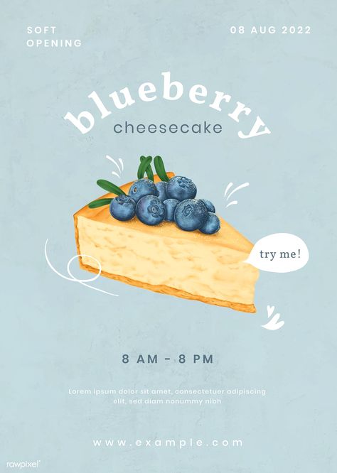 Blueberry cheesecake poster template illustration | premium image by rawpixel.com / Aew Cute Advertisement Poster, Poster Branding Design, Poster Menu Design, Bakery Poster Design Ideas, Cake Poster Advertising, Bakery Advertising Posters, Cake Advertising Design, New Menu Poster, Cake Poster Design Ideas