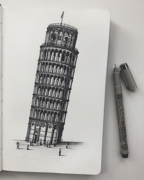 Pisa Tower Drawing, Black Pen Drawing, Fruit Art Drawings, Pisa Tower, Perspective Sketch, Architecture Sketches, Architecture Drawing Sketchbooks, Modern Art Canvas Painting, Arch Ideas