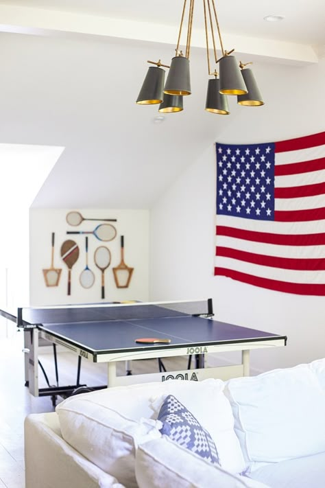 Garage Ping Pong Table, Games For Basement, Ping Pong Table Basement, Basement With Ping Pong Table, Game Room With Ping Pong Table, Ping Pong Room Ideas, Small Rec Room Ideas, Basement Ping Pong, Ping Pong Table Room