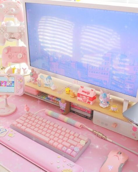 throwback to my old setup arrangement 🥺💞 this is back when I was using a Vizio TV for my main monitor, which I would def not recommend 😂 it was the perfect height though! enjoy your weekends, qts! 🎀 ・＊Pictured in this post＊・ 1. Custom GK68XS Keyboard w/ Pink POM Jellies 🍓 2. Pink milkshake deskmat designed by @biipmk 🎀 3. Pastel aviator cable from @keyboardstudios 🌈 4. Razer Viper Ultimate 💖 5. Vizio TV (21.5”) ✨ ☆ ☆ ☆ #kawaiigaming #cutegaming #pastelaesthetic #kawaii #girlgamer # Kawaii Tv Setup, Pink Milkshake, Rainbow Games, Gamer Desk, Gaming Desk Setup, Dream Desk, Kawaii Games, Gamer Room Decor, Pc Setups