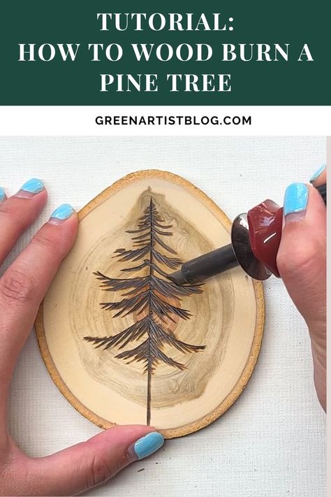 Tutorial: Wood Burning A Pine Tree Illustration Pine Tree Tutorial, Tree Wood Burning, Beginner Wood Burning Projects, Pine Tree Illustration, Pyrography Tutorial, Rustic Wood Coasters, Wood Burned Gifts, Pine Tree Drawing, Beginner Wood Burning