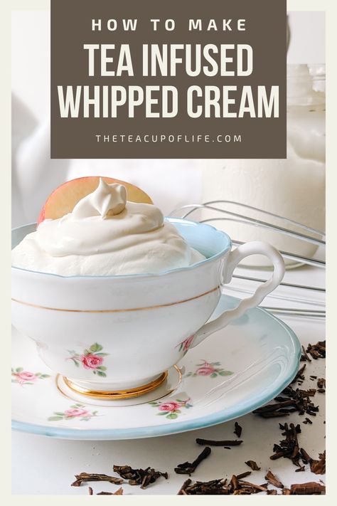 To make this easy tea infused whipped cream recipe you will need 3 simple ingredients -- whipping cream, confectioners' sugar and a tea of your choice. Add a dollop of this light and luxurious homemade whipped cream to desserts and hot drinks for a quick tea infused treat. Desserts With Whipped Cream, Infused Whipped Cream, Tea Infusion Recipes, Whipped Cream Desserts, Flavored Whipped Cream, Whipped Cream Recipe, Infused Sugar, Tea Latte Recipe, Easy Teas