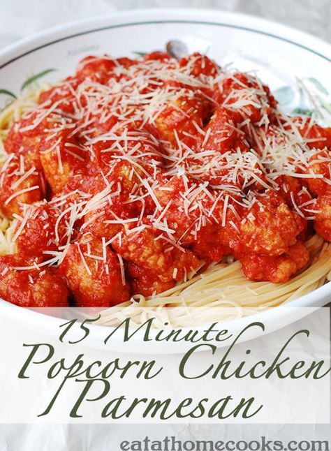 Popcorn Chicken Parmesan - 15 Minute Meal.  It starts with a bag of frozen popcorn chicken, but the quick homemade sauce transforms it. My family loved this one! Popcorn Chicken Meals Ideas, Frozen Popcorn Chicken Meals, Frozen Popcorn Chicken Recipes, Recipes With Frozen Popcorn Chicken, Pesto Linguine, Frozen Popcorn, Chicken Leftovers, Meal Hacks, Popcorn Chicken Recipe