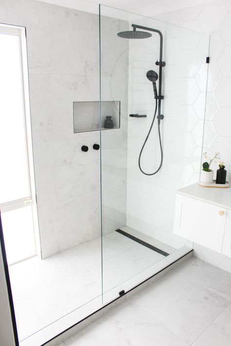 Walk In Shower Ensuite, Door In Shower To Outside, Modern Walk In Shower No Door, Large Walk In Shower With Window, Easy To Clean Shower Design Walk In, Standard Size Walk In Shower, Bathroom Remodel Stand Up Shower Walk In, Walk In Shower Door Ideas, Walk In Shower Half Wall