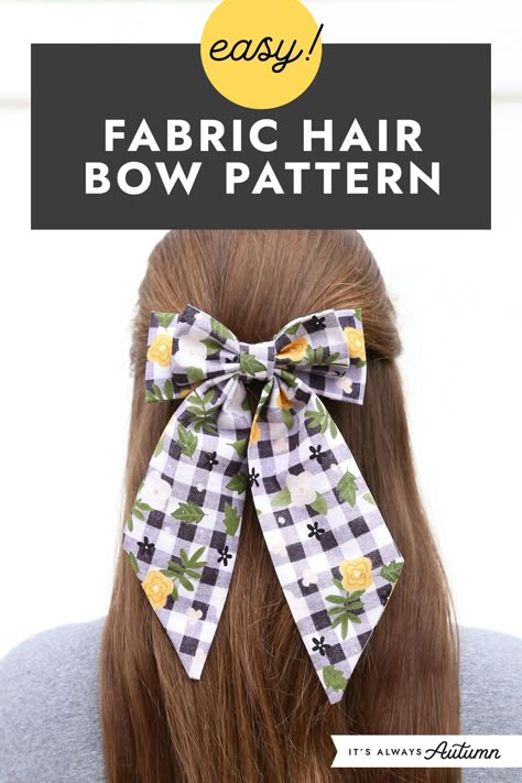 Easy fabric hair bow pattern! Learn how to make beautiful fabric hair bows using less than a quarter yard of fabric. This is an easy sewing project that will take about thirty minutes. Fabric Crafts For Beginners, Cotton Fabric Bows Diy, Hairbow Pattern Printable, Headband With Bow Diy, Fabric Bows Pattern, Scrap Fabric Bows, Sew Fabric Bows, How To Make Fabric Bows Easy Diy, Sewing Projects Hair Accessories