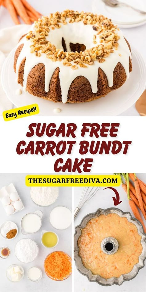 Sugar Free Carrot Bundt  Cake, a flavorful and delicious dessert recipe made with fresh carrots,  a cream cheese icing, and no added sugar. #sugarfreerecipe #sugarfreecake #noaddedsugarcake #carrotcake #carrotbundtcake #sugarfreecarrotcake    Read more at: https://thesugarfreediva.com/sugar-free-carrot-bundt-cake/ Carrot Cake For Diabetics, Gluten Free Sugar Free Carrot Cake, Low Calorie Bundt Cake, Healthier Carrot Cake Recipe, Carrot Cake Keto, No Sugar Carrot Cake, Gluten Free Sugar Free Cake Recipes, Healthy Bundt Cake Recipes, Sugar Free Easter Desserts