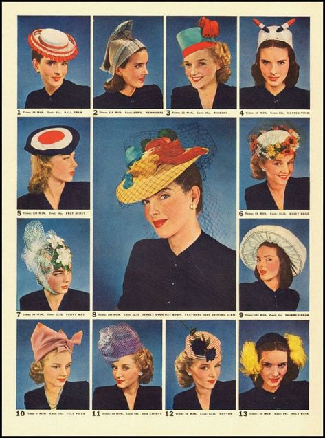 1940s Hats History - 20 Popular Women's Hat Styles Make Your Own Hat, 1940s Hats, 1940s Hairstyles, Kinds Of Hats, Fashion 1940s, Vintage Millinery, Rosie The Riveter, Rita Hayworth, 40s Fashion