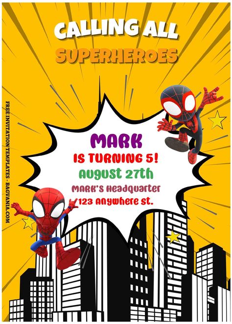 Awesome (Free Editable PDF) Comic Spiderman Across The Spiderverse Birthday Invitation Templates #free #freeinvitation2019 #birthday #disney #invitations #invitationtemplates Spider Man Invitation Template Free, Spiderman Theme Invitation Card, Spiderman Birthday Tarpaulin Template, Spiderman Birthday Party Invitations Blank, Superhero Birthday Invite Free Printable, Spiderman Invitation, Spiderman Cartoon, All Superheroes, Kinds Of Colors