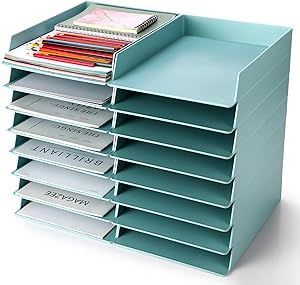 Tatuo 16 Pack Stackable Paper Trays Plastic Letter Tray Desk Organizer Paper Holder Organizer Storage Office Desk Accessories for Classroom Magazine File Documents 12.8 x 9.45 x 1.97, Blue Green Classroom Paper Storage, Classroom Desk Organization, Classroom Magazine, Office Cubicle Organization, Desk Organizer Ideas, Home Office Desk Organization, Craft Organization Ideas, Office Supplies Organization, Office Storage Ideas