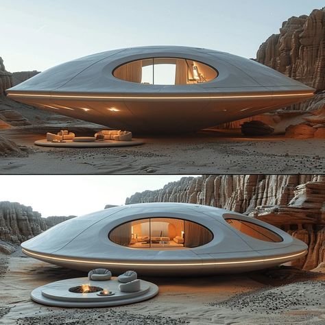 Futuristic House Architecture, Futuristic Architecture Concept, Unique Tiny Home, Alien Architecture, Futuristic Houses, Ufo Design, Circular Buildings, Futuristic House, Earth Bag Homes