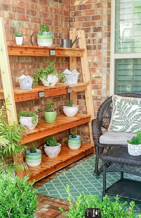 Freestanding Plant Shelf | 100 Things 2 Do Plant Stand For Porch, Plant Stand Porch, Build A Plant Stand, Wood Crate Plant Stand, Outdoor Plant Shelves Diy, Outside Plant Stands Diy Projects, Patio Shelf Ideas, Patio Plant Shelves, Porch Plant Shelf