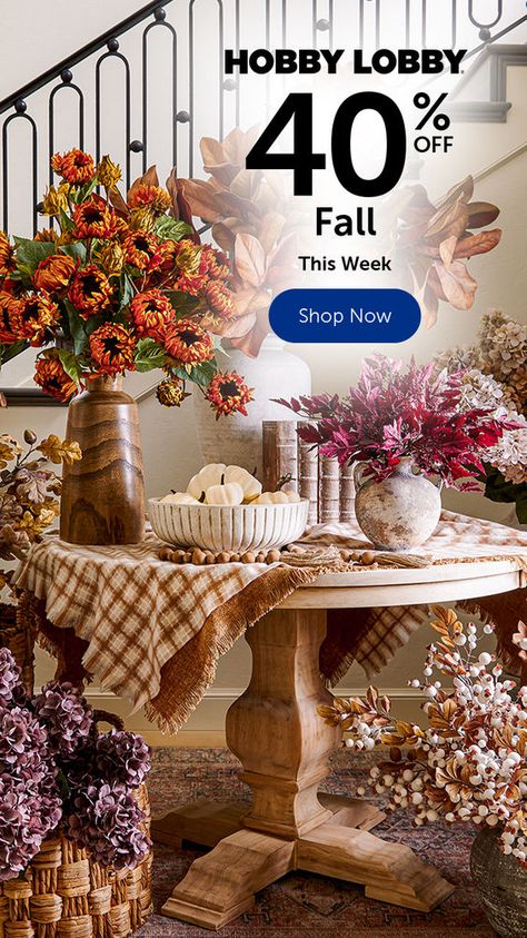 FALL in love with Hobby Lobby®'s new seasonal collection! Thousands of Fall decor, florals & more now 40% off. Hobby Lobby Fall Decor Ideas, Fall Festival Crafts, Hobby Lobby Fall Decor, Hobby Lobby Home Decor, Hobby Lobby Fall, Minimalist Fall Decor, Hobby Lobby Sales, Cocina Shabby Chic, Hobby Lobby Decor