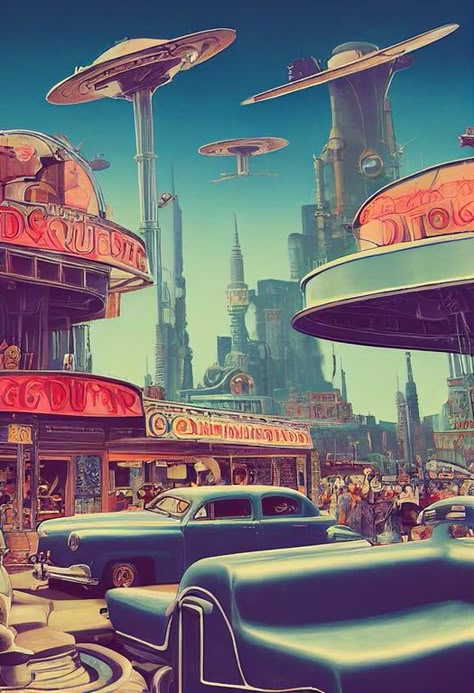 Retro Futurism Atompunk, Lighting And Shading, Atom Punk, Vintage Futurism, Theater Marquee, Art Deco Drawing, Punk Genres, Rockabilly Art, Flying Cars