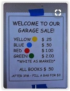 Garage Sale Pricing Sign ... tag your items with colored stick-on circles to match your pricing sign .......................... #DIY #garagesale #yardsale #sale #money #frugal #tips #signs #pricing #craigslist #hangers #creditcards #organize Yard Sale Tips And Tricks, Yard Sale Display Clothes, Yard Sale Hacks, Garage Sale Organization, Yard Sale Organization, Garage Sale Tips, Yard Sale Signs, Garage Sale Signs, Yard Sale Pricing