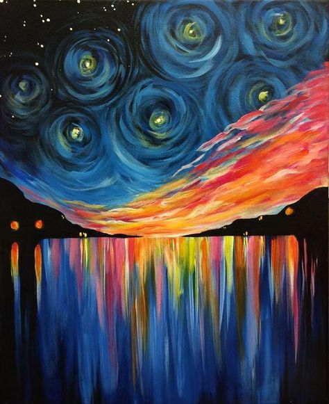 Paint nite, cool swirly starry night meets rainbow water reflections. Swirly Art Abstract Paintings, Starry Night Painting Ideas, Starry Night Inspired Art, Swirly Painting, Paint Nite Ideas, Paint Nite, Rainbow Painting, Soyut Sanat Tabloları, Painting Gallery