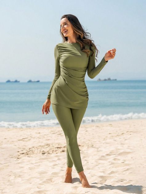 SHEIN Swim Mulvari Ladies' Solid Color Pleated Top With Long Bikini Set | SHEIN USA Modest Swimsuits For Women, Modern Kaftan, Islamic Swimwear, Burkini Swimsuit, Swim Leggings, Green Plain, Swimsuits Outfits, Modest Swimsuits, Womens Tankini