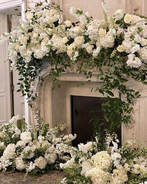 Peonies to Paint Chips’s Instagram post: “Fireplace inspiration @parkchateau #fireplace #fireplacedecor #fireplacemantel #weddingfireplace #love #chateauwedding #floralinstallations…” Mantle Flowers, White Mantle, Wedding Fireplace, Fireplace Inspiration, Holly Wedding, Black And White Wedding Theme, Church Wedding Decorations, White Wedding Theme, Something Blue Wedding