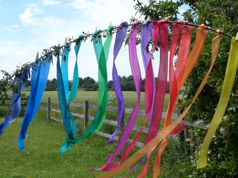 Rainbow Ribbon Craft, Rainbow Party Decorations Outdoor, Rainbow Garden Party, Library Greenhouse, Hobbit Birthday, Bridging Ceremony, Nature Preschool, Unicorn Garden, Peppa Party