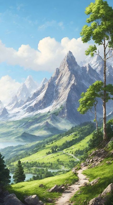 Wallpaper Anime Mountain Background, Fantasy Inspiration Scenery, Mountain Scenery Photography, Beautiful Mountains Scenery, Painting Ideas Mountains, Digital Art Scenery, Fantasy Landscape Illustration, Hills Background, Fantasy Mountains