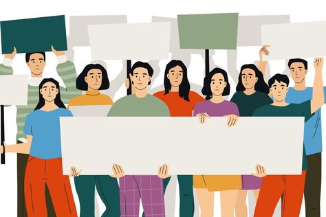 Public protest. Cartoon people with placards and protest signs, angry crowd with banners and placards, protest and riot concept. illustration Protest Illustration, Blank Sign, Protest Signs, Concept Illustration, Cartoon People, Wedding People, Youtube Banners, Logo Banners, Marketing Design