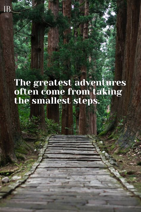 Pin with the quote 'The greatest adventures often come from taking the smallest steps.' Use this quote to inspire your next adventure and remember that every step counts. New Adventures Quotes, New Adventure Quotes, Motivation To Start, Embrace The Unknown, Life Of Adventure, Direction Quotes, Trying Something New, Little By Little, Small Steps