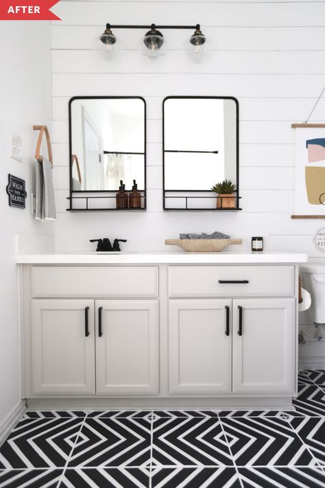 $800 Scandi-Modern Bathroom Redo - DIY Bathroom Makeover | Apartment Therapy Dramatic Bathroom, Scandi Modern, Modern Towel Bars, Diy Bathroom Makeover, Painted Tiles, Faux Shiplap, Wood Accent Table, Bathroom Redo, Living Proof