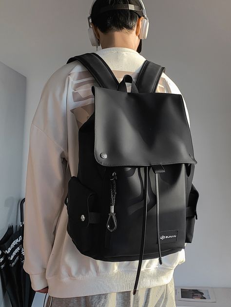 Black  Collar  PU Leather Letter  Embellished   Men Bags Stylish College Bags For Boys, Black Leather Backpack For Men, Korean Men Backpack, Backpack Leather Man, College Backpack Men, Bag Outfit Men, College Bags For Boys, Fashion School Bag, Travel Bag Men