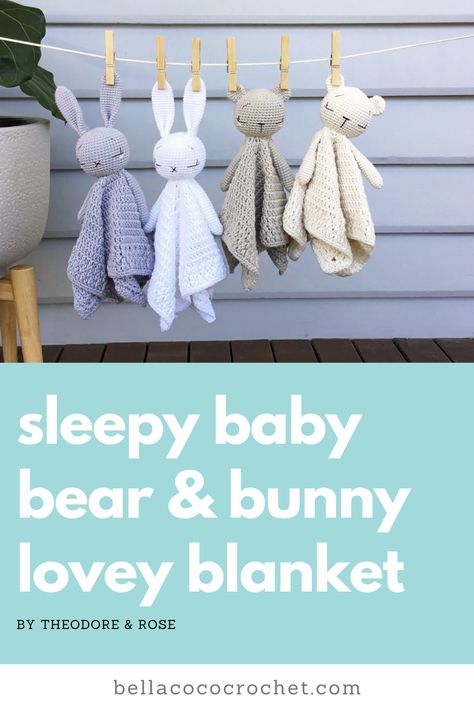 Flex your amigurumi skills with these super sweet Sleepy Baby Bear and Bunny Lovey Blankets. Grab your crochet hook and let's get makin'! Bunny Blanket Buddy, Baby Jam, Crochet Bunny Lovey, Crochet Baby Lovey, Crochet Lovies, Baby Lovie, Lovey Blanket Pattern, Bella Coco Crochet, Bear And Bunny