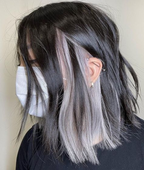 Dark Hair with Silver Peekaboo Highlights Pink Peekaboo Hair, Underdye Hair, Black And Silver Hair, Blonde Underneath, Natural Dark Hair, Hidden Hair Color, Black And Grey Hair, Peekaboo Hair Colors, Peekaboo Highlights