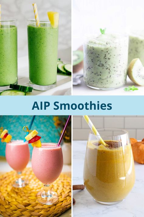 Here's a collection of 12 AIP Smoothies you can make in just a few minutes. They are packed with flavors and incredibly easy to make. Perfect for those who are looking for a quick and nutritious AIP breakfast option. Simple Aip Breakfast, Starting Aip Diet, Hashimotos Smoothie Recipes, Aip Smoothies Breakfast, Aip Protein Shake, Aip Mexican Recipes, Aip Smoothie Recipes, Auto Immune Protocol Diet, Easy Aip Recipes