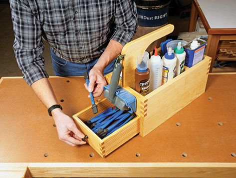 PROJECT: Gluing Supplies Caddy - Woodworking | Blog | Videos | Plans | How To Tool Caddy, Silicone Glue, Tool Cart, Box Joints, Drawer Divider, Wood Plugs, Blog Video, Shop Organization, Rare Earth Magnets