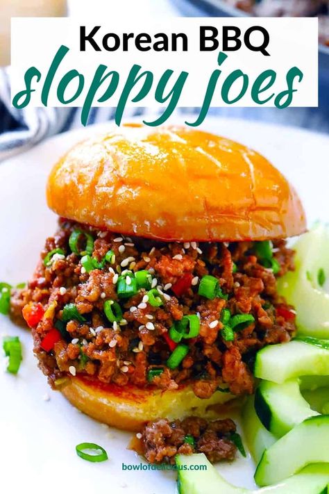 These Korean BBQ Sloppy Joe Sandwiches are such an easy 20 minute weeknight meal made with ground beef, korean bbq sauce, green onions, and red bell pepper, served on a hamburger bun! Bulgogi Beef Sandwich, Korean Sloppy Joe Recipe, Korean Bbq Sloppy Joes, Korean Bbq Sandwich, Korean Burger Recipe, Korean Sloppy Joes, Bbq Sloppy Joes, Korean Beef Recipes, Sloppy Joes Sandwich