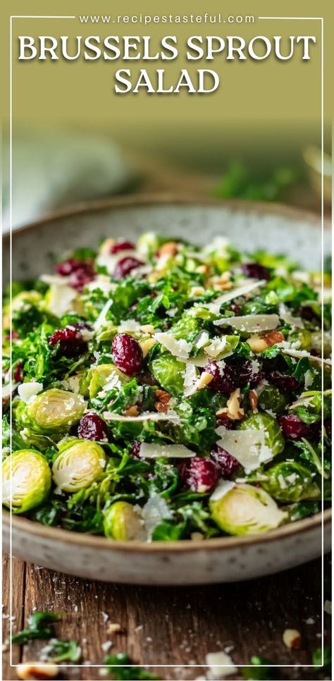 This fresh and crunchy salad combines shredded Brussels sprouts with sweet dried cranberries and savory shaved Parmesan. It’s a light, festive side dish perfect for balancing rich Thanksgiving flavors. #BrusselsSproutSalad #CranberrySalad #ParmesanSalad #HealthySideDish #ThanksgivingSalad #FestiveSalad #FreshSalad #CrispySalad #HolidaySideDish #LightSideDish Salad Recipes Brussel Sprouts, Broccoli And Brussel Sprout Salad, Bobby Flay Brussel Sprout Salad, Brussel Salad Recipes, Brussel Sprout Cranberry Salad, Winter Salad Brussel Sprouts, Fresh Sides For Thanksgiving, Cranberry Brussel Sprout Salad, Cooked Brussel Sprout Salad