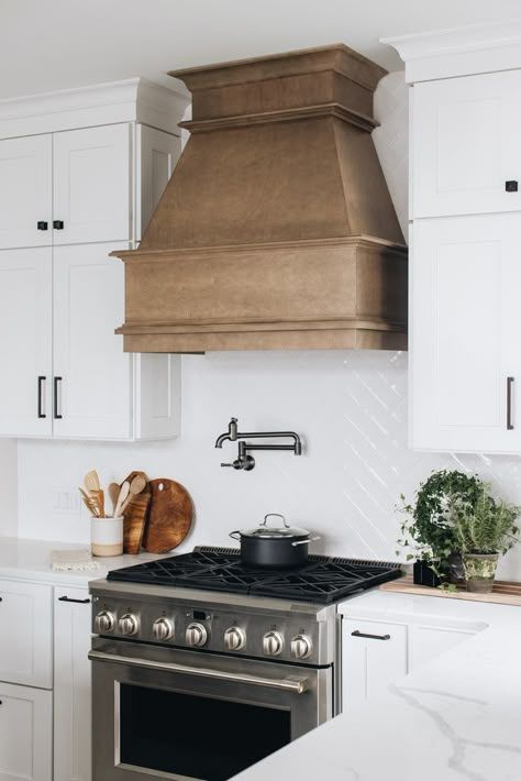 Natural Wood Oven Hood, Wood Oven Range Hood, Wood Kitchen Hood Ideas, White Kitchen Wood Hood, Kitchen Wood Hood Ideas, Wooden Kitchen Hoods Ideas, Stained Wood Range Hood, Wood Kitchen Hood Vent, Wood Hood Vents Kitchen