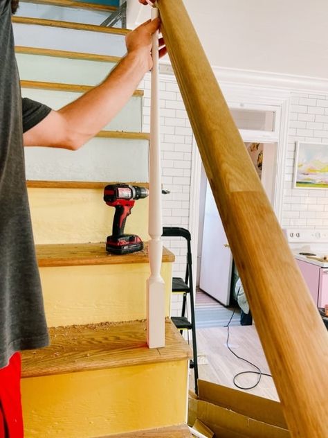 How To Install Banister Railings, Installing Stair Railing, How To Build A Stair Railing, How To Install Stair Railing, Install Stair Railing, Replace Stair Railing, Diy Staircase Railing, How To Make Stairs, Refinish Stairs