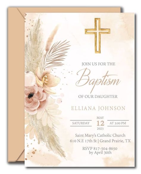 Boho Baptism Invitations Boho Baptism Decorations, Baptism Theme Ideas, Baptism Invitation Card, Baptismal Invitation, Boho Baptism, Baptism Decorations Girl, Bautizo Ideas, Baptism Invitation Template, Baptism Invitations Girl