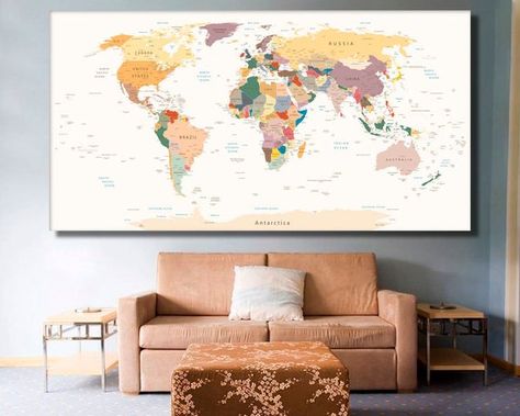 Detailed world map wall art, detailed map of the world, pin your travel world map canvas artwork, wo Retro Canvas Painting, Map Canvas Painting, Poster Classroom, Push Pin World Map, Detailed World Map, Map Artwork, World Map Canvas, Globe Decor, Map Wall Decor