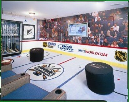 A cool Washington Capitals NHL man cave with a ice rink floor & hockey puck looking foot rests. Hockey Man Cave, Best Man Caves, Washington Capitals Hockey, Hockey Bedroom, Capitals Hockey, Hockey Design, Hockey Room, Hockey Decor, Ultimate Man Cave