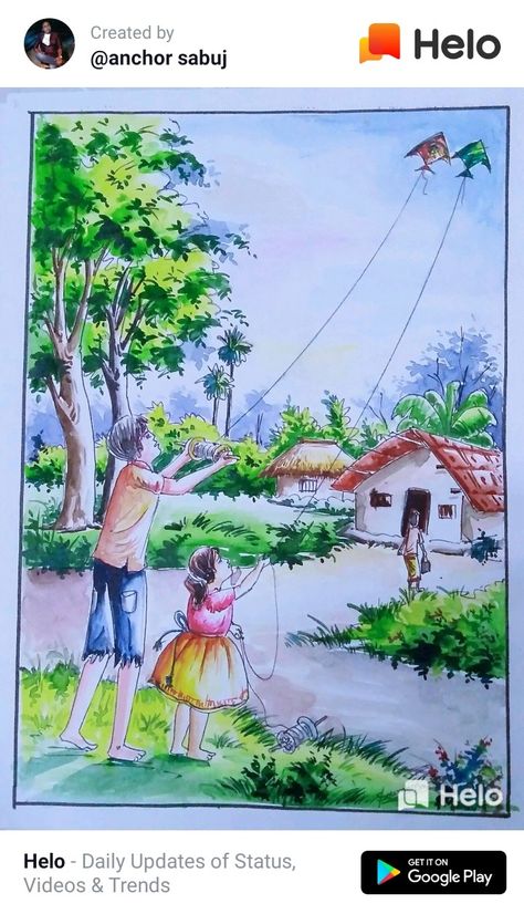 Man And Nature Drawing, Pastel Colour Drawing Ideas, Nature Drawing Pictures, Subject Drawing, Bird Drawing For Kids, Telugu Kathalu, Theme Drawing, Scenery Drawing For Kids, Village Scenery