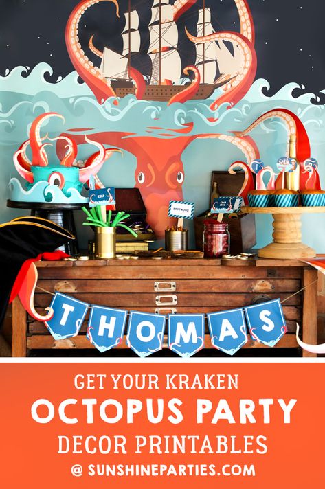 Kraken Sea Monster Party Printables Set | Printable Octopus Party Set | Party ideas For boys Kraken Party Ideas, Octopus Birthday Party Ideas, Kraken Theme Party, Octopus Party Ideas, Octopus Decoration Party, Sea Monster Party, Kraken Birthday Party, Kraken Party, 4th Birthday Party For Boys